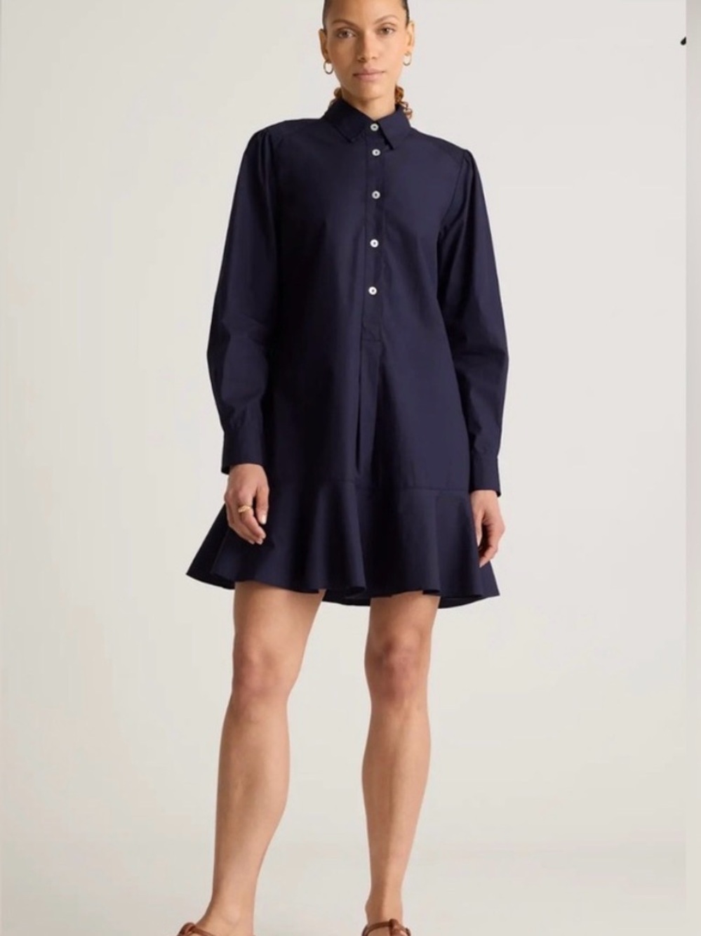 NWT Quince Navy Blue Cotton Long Sleeve Ruffle Hem Shirt Dress